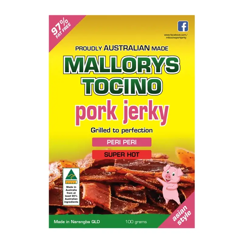 Mallorys Tocino Pork Jerky Super Hot Peri Peri 100g
